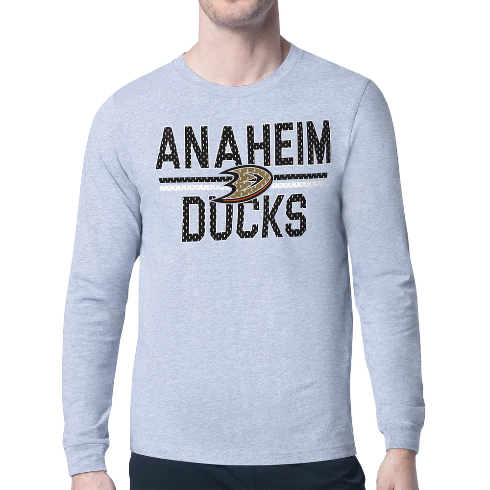 Men's Starter Heather Gray Anaheim Ducks Mesh Look Team Name Logo Long Sleeve T-Shirt