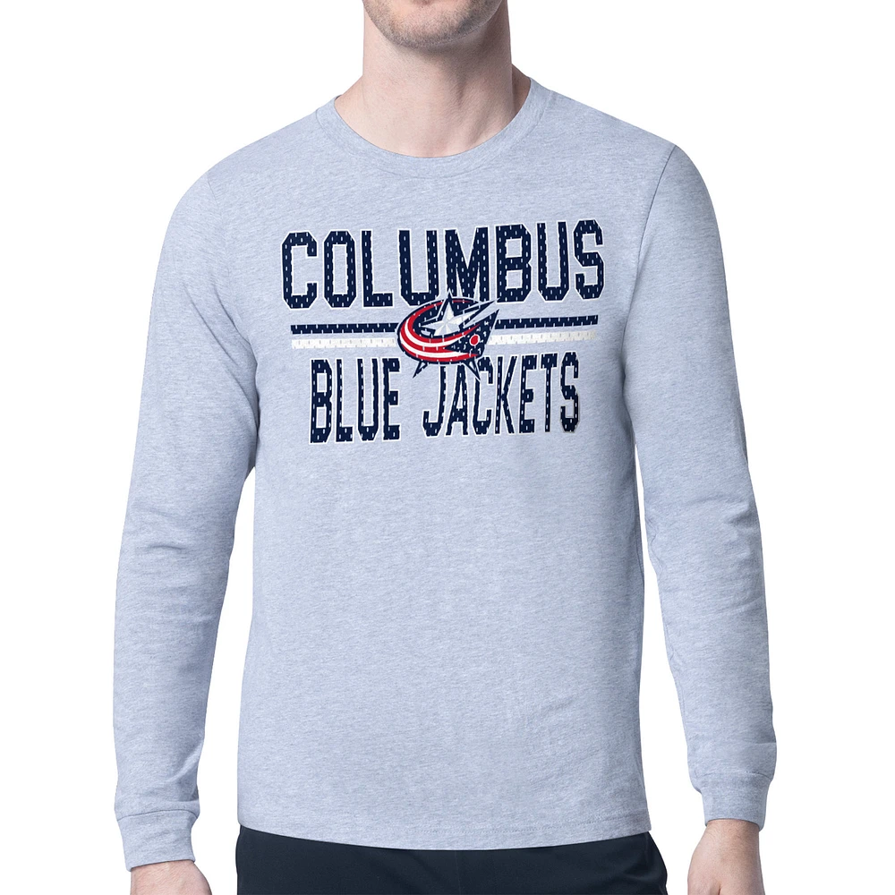 Men's Starter Heather Gray Columbus Blue Jackets Mesh Look Team Name Logo Long Sleeve T-Shirt
