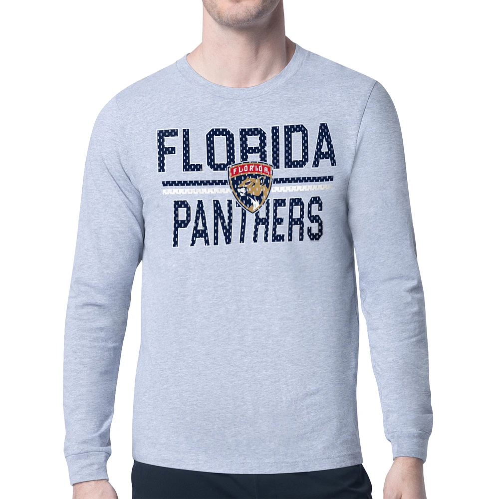 Men's Starter Heather Gray Florida Panthers Mesh Look Team Name Logo Long Sleeve T-Shirt