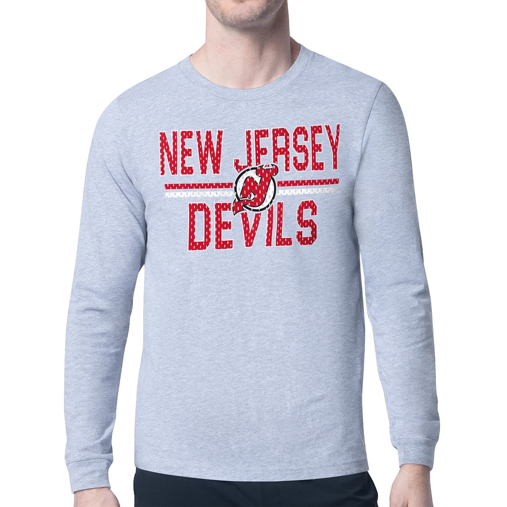 Men's Starter Heather Gray New Jersey Devils Mesh Look Team Name Logo Long Sleeve T-Shirt