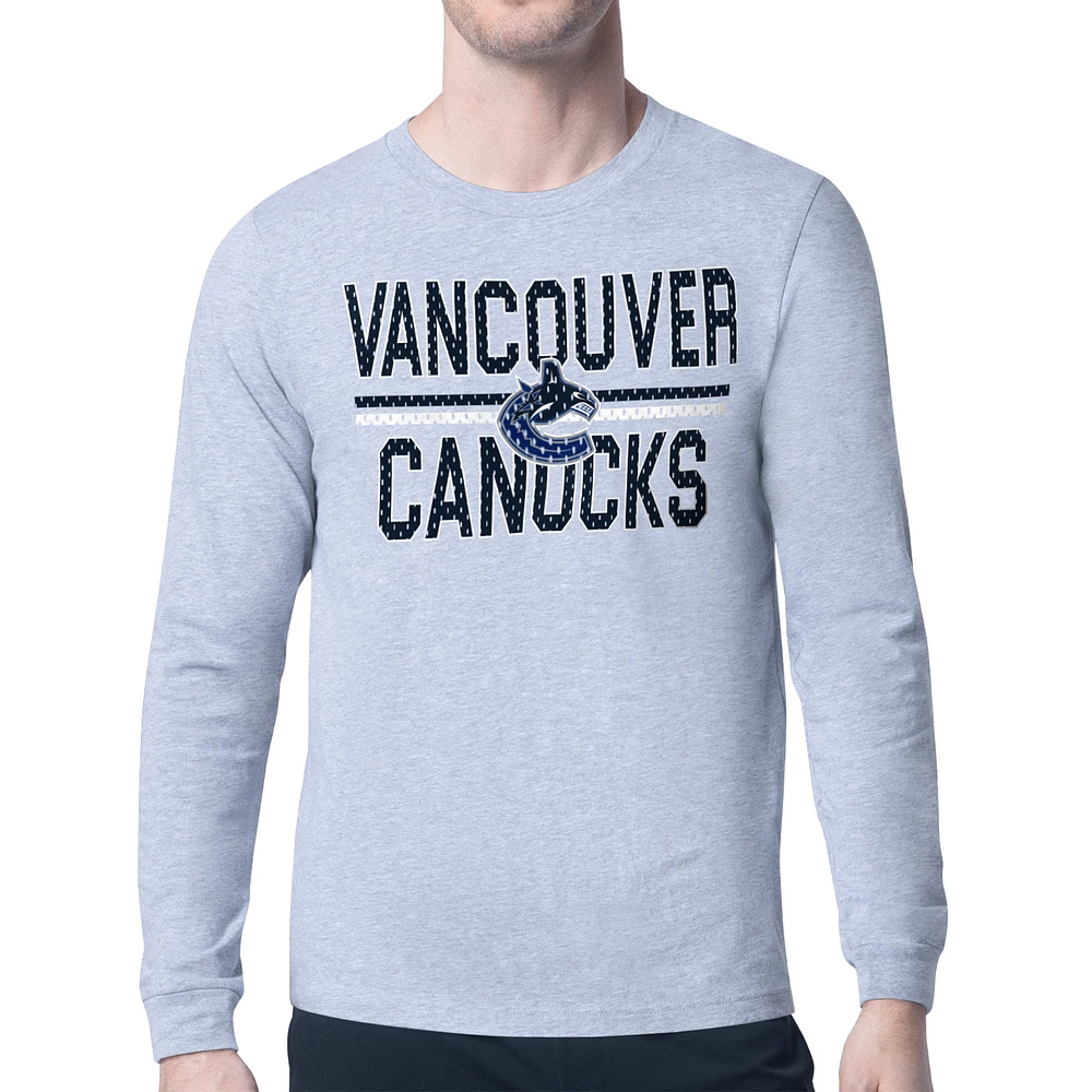 Men's Starter Heather Gray Vancouver Canucks Mesh Look Team Name Logo Long Sleeve T-Shirt