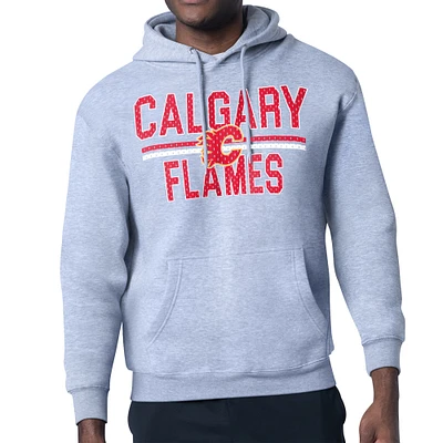 Men's Starter Heather Gray Calgary Flames Mesh Look Team Name Logo Tri-Blend Pullover Hoodie