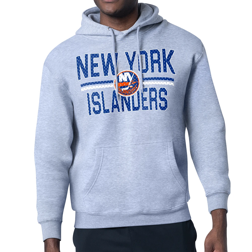 Men's Starter Heather Gray New York Islanders Mesh Look Team Name Logo Tri-Blend Pullover Hoodie