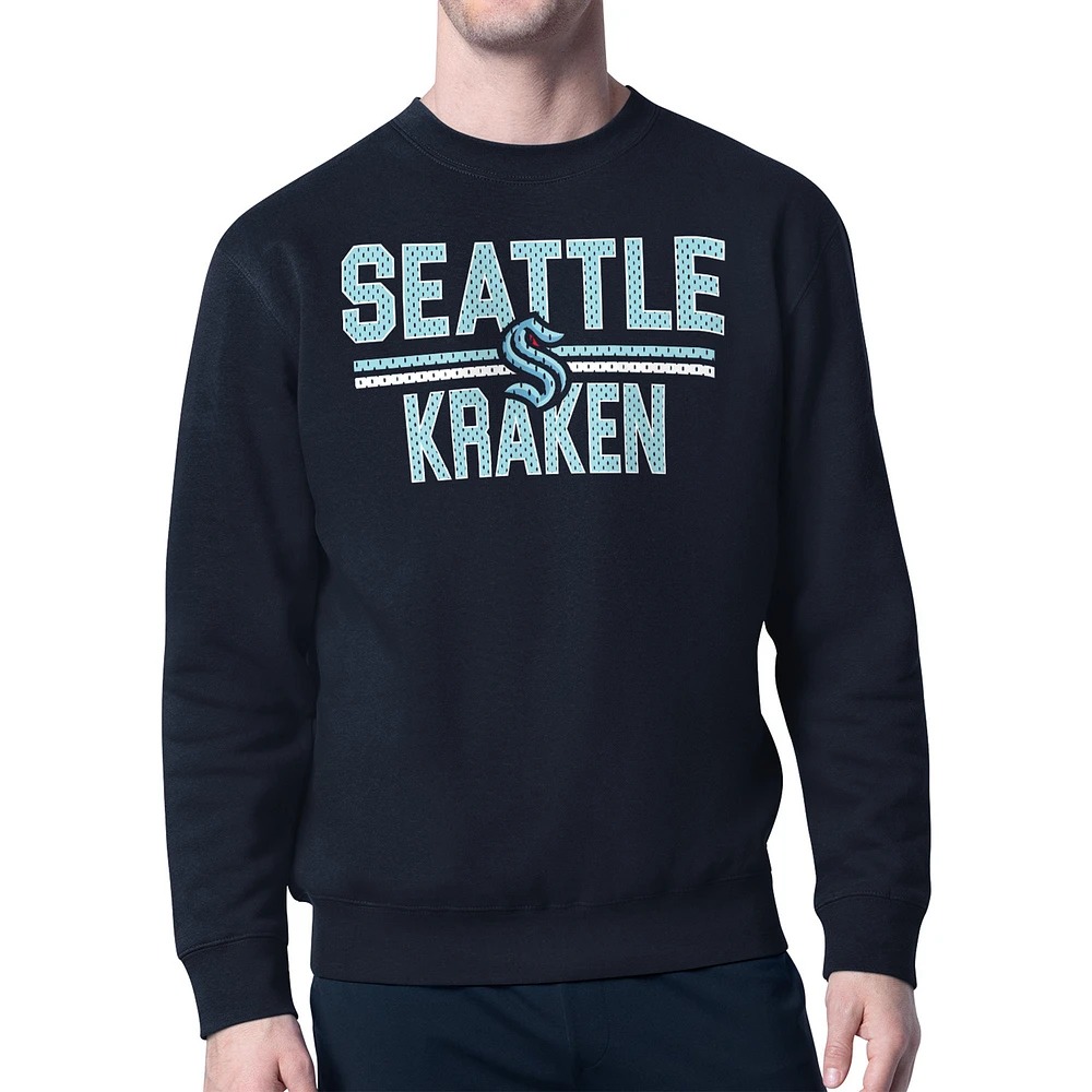 Men's Starter Deep Sea Blue Seattle Kraken Mesh Look Team Name Logo Pullover Sweatshirt