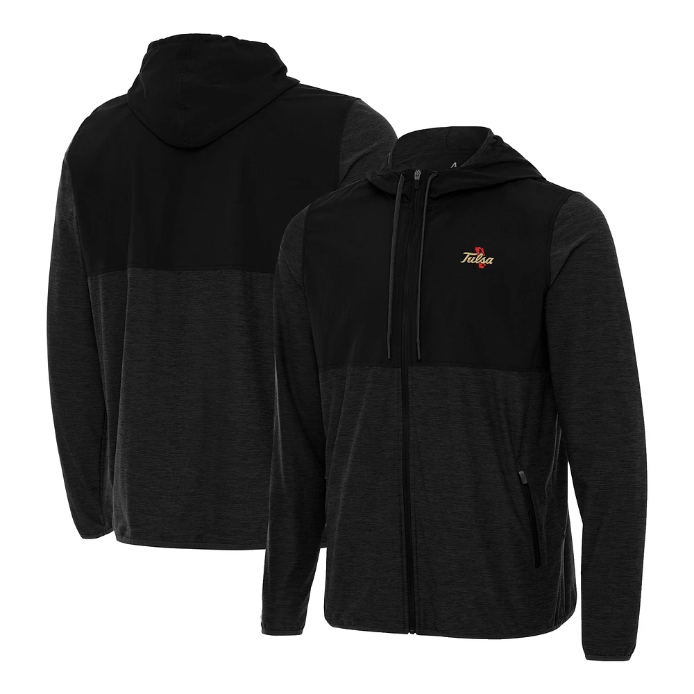 Men's Antigua Black Tulsa Golden Hurricane Sway Full-Zip Hoodie