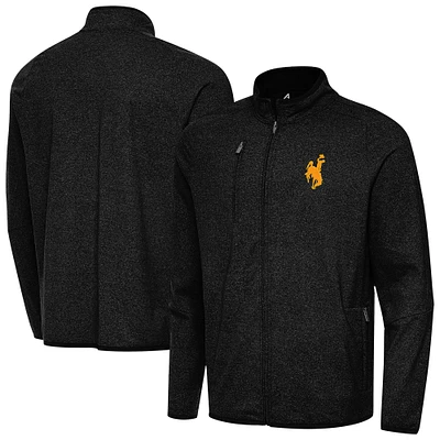 Men's Antigua Heather Black Wyoming Cowboys Hold-Up Tri-Blend Full-Zip Jacket