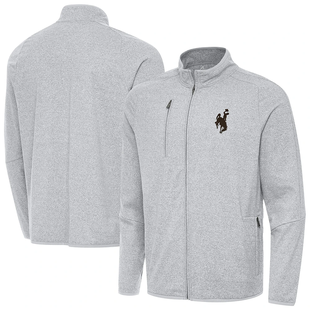Men's Antigua Heather Gray Wyoming Cowboys Hold-Up Full-Zip Jacket