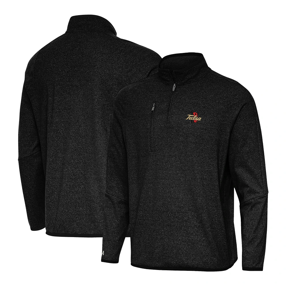 Men's Antigua Heather Black Tulsa Golden Hurricane Certain Tri-Blend Quarter-Zip Top