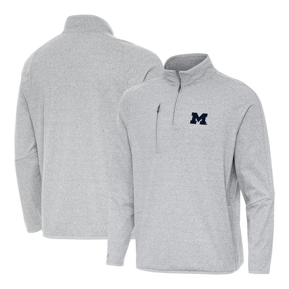 Men's Antigua Heather Michigan Wolverines Certain Tri-Blend Quarter-Zip Top