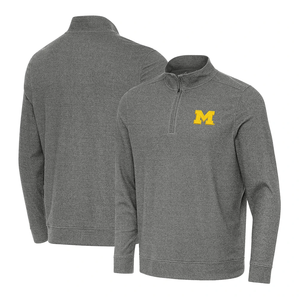Men's Antigua Heather Charcoal Michigan Wolverines Subtle Quarter-Zip Top