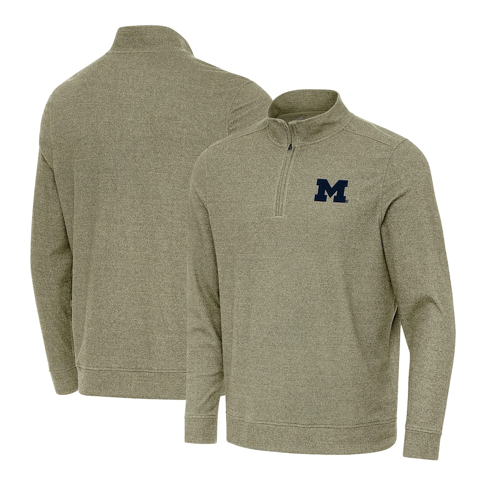 Men's Antigua Heather Olive Michigan Wolverines Subtle Quarter-Zip Top