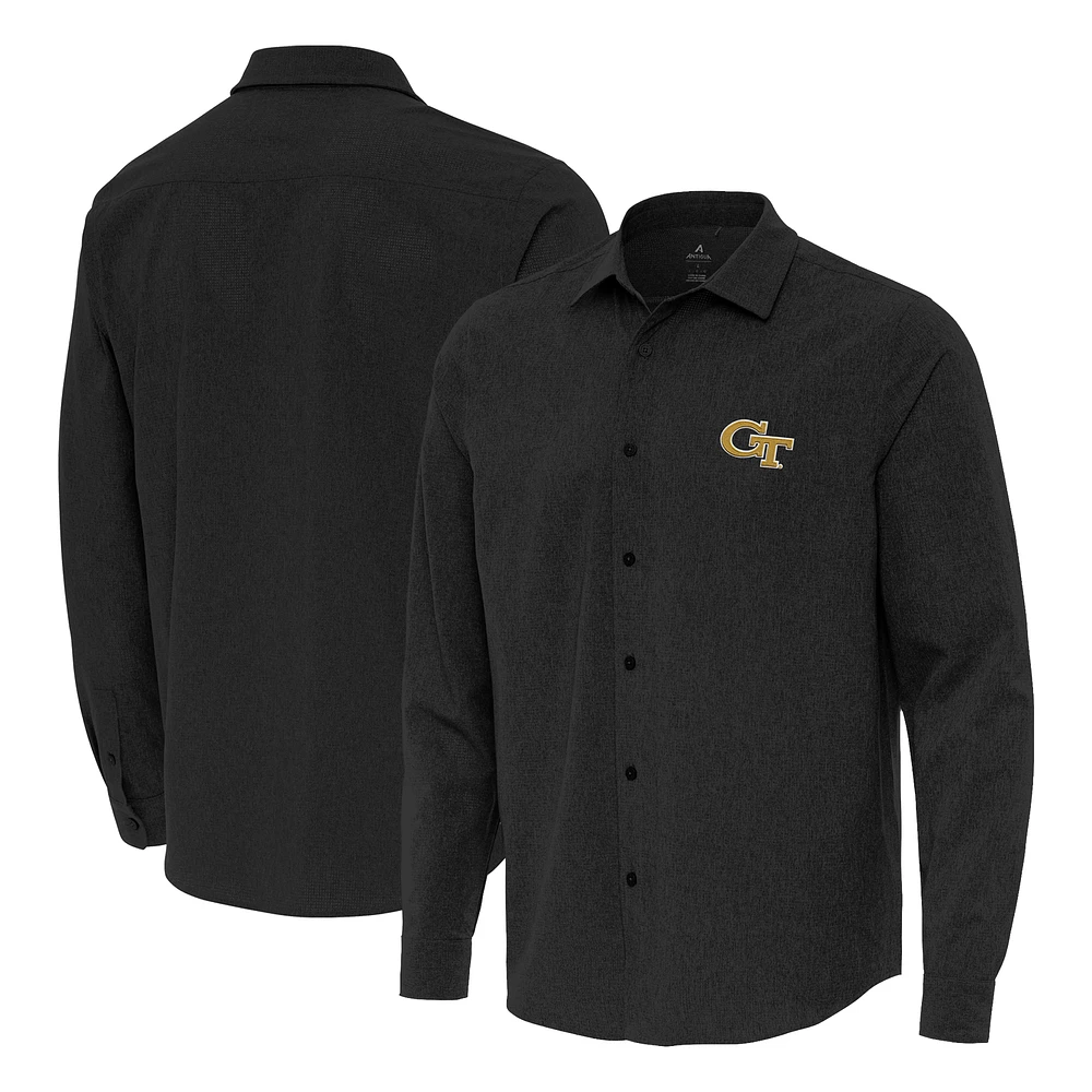Men's Antigua Black Georgia Tech Yellow Jackets Exposure Woven Long Sleeve Button-Up Shirt