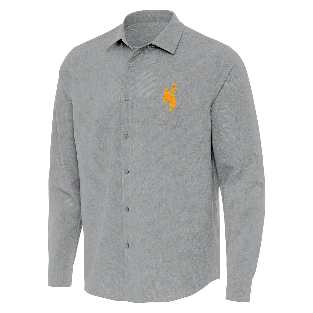 Men's Antigua Gray Wyoming Cowboys Exposure Woven Long Sleeve Button-Up Shirt