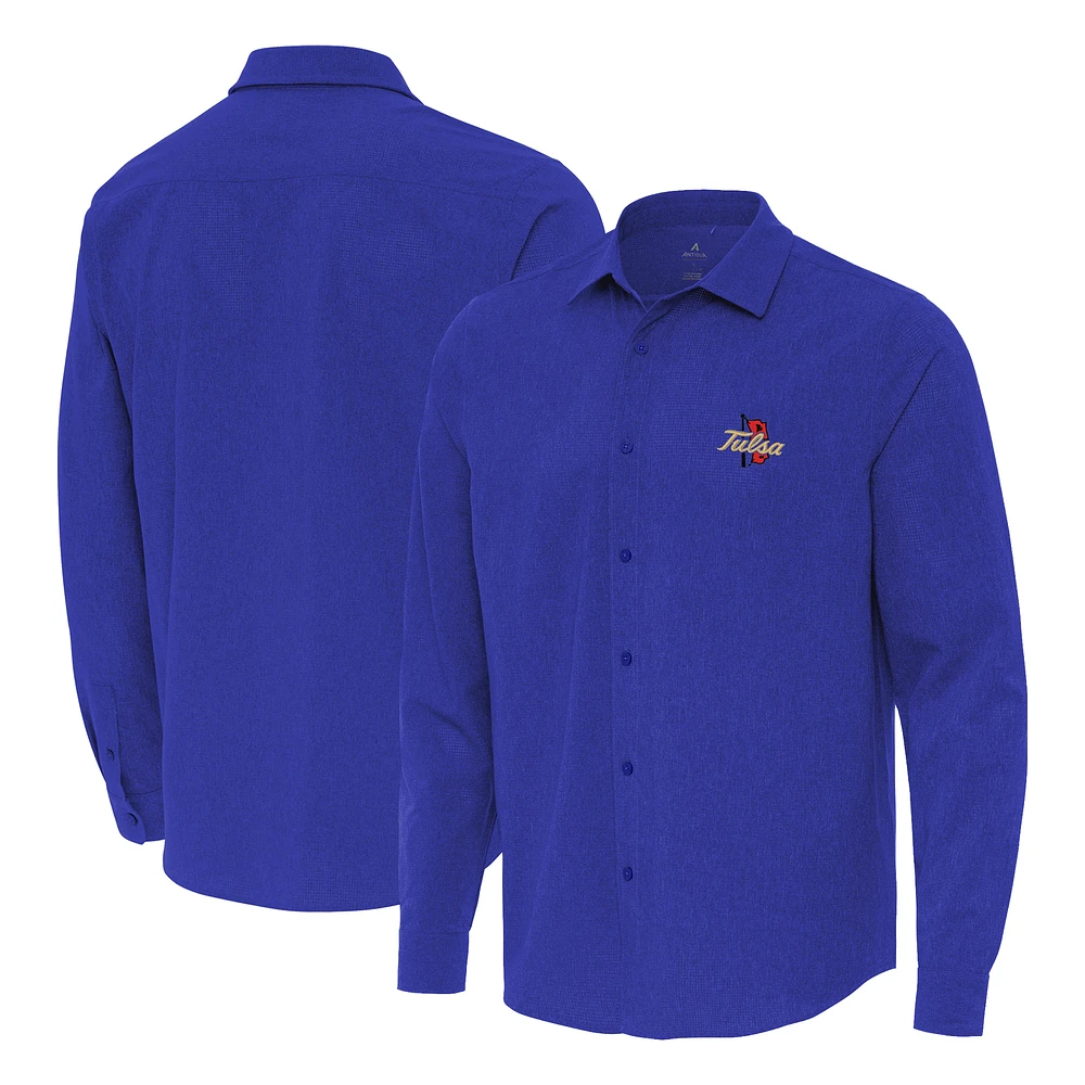 Men's Antigua Royal Tulsa Golden Hurricane Exposure Woven Long Sleeve Button-Up Shirt