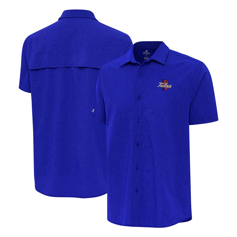 Men's Antigua Royal Tulsa Golden Hurricane Activate Woven Short Sleeve Button-Up Shirt