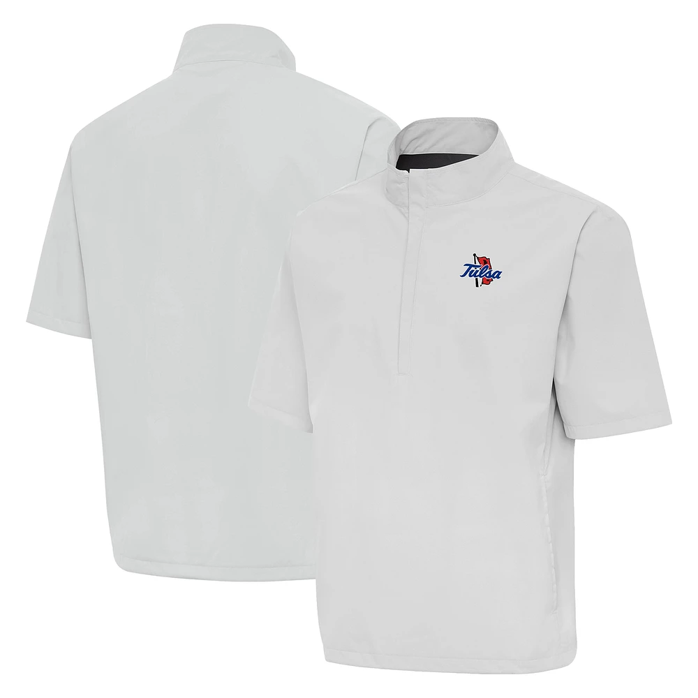 Men's Antigua Heather Gray Tulsa Golden Hurricane Brisk Short Sleeve Quarter-Zip Windshirt