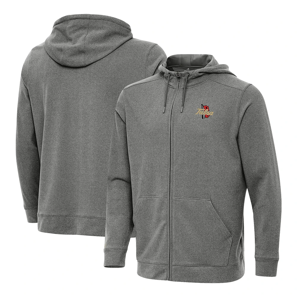 Men's Antigua Heather Black Tulsa Golden Hurricane Effortless Full-Zip Hoodie