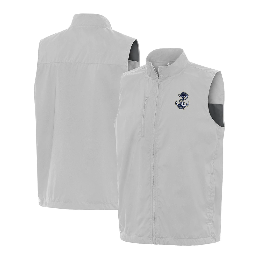 Men's Antigua Heather Gray Navy Midshipmen Brisk Full-Zip Vest