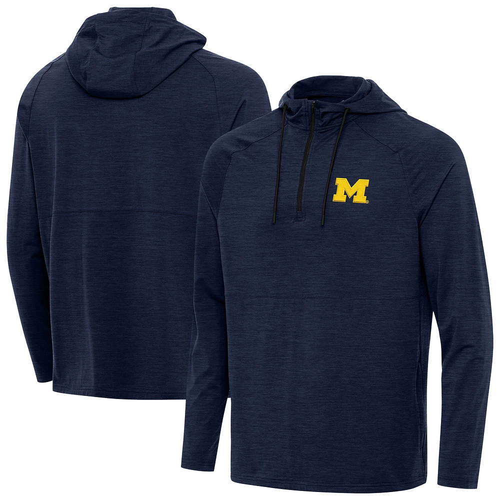Men's Antigua Heather Navy Michigan Wolverines Spikes Quarter-Zip Hoodie