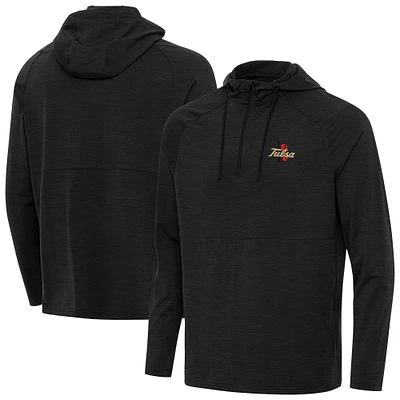 Men's Antigua Heather Black Tulsa Golden Hurricane Spikes Quarter-Zip Hoodie