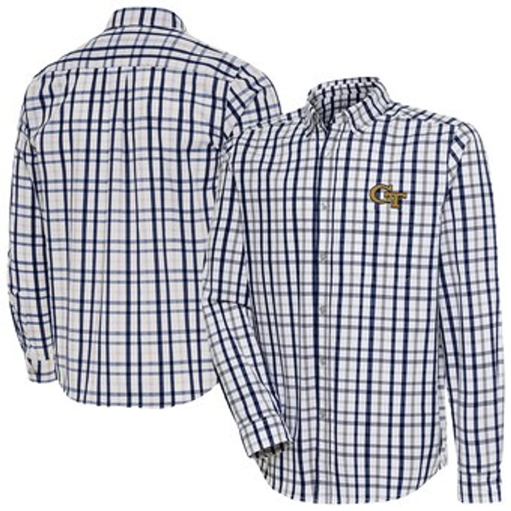 Men's Antigua Navy Georgia Tech Yellow Jackets Tending 2 Tri-Blend Long Sleeve Button-Down Shirt