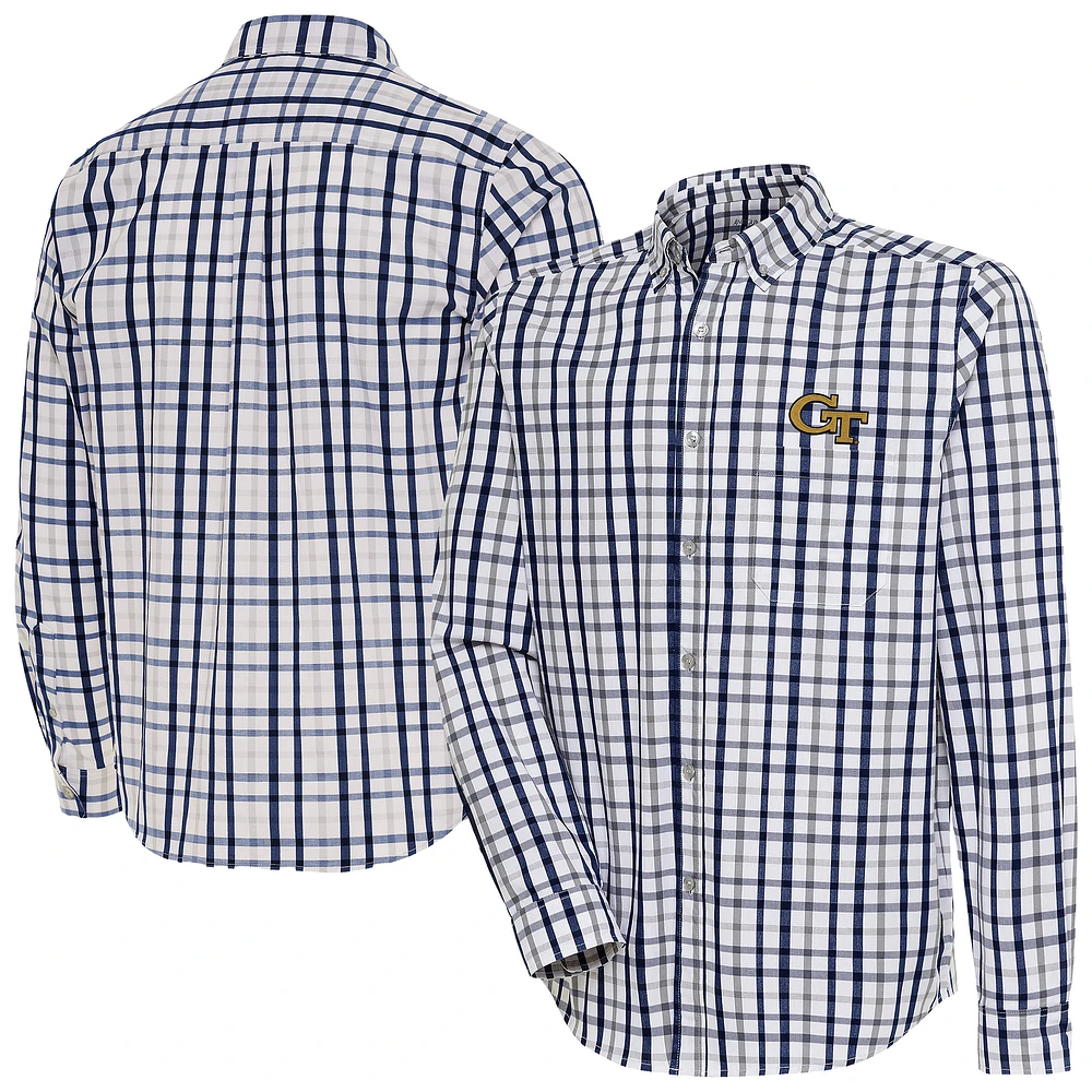 Men's Antigua Navy Georgia Tech Yellow Jackets Tending 2 Tri-Blend Long Sleeve Button-Down Shirt