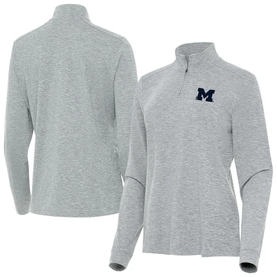 Women's Antigua Heather Gray Michigan Wolverines Mentor Quarter-Zip Mock Neck Top