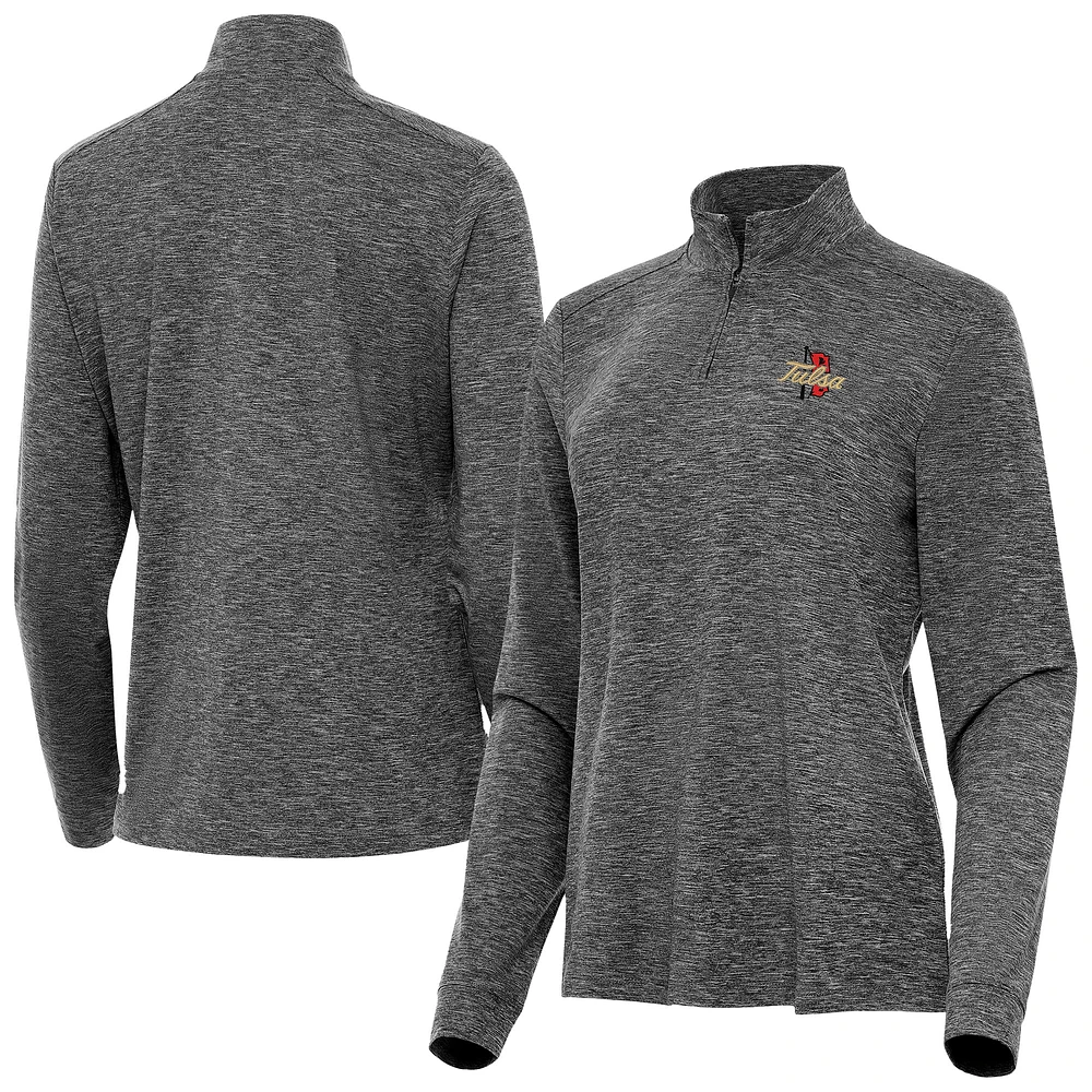 Women's Antigua Heather Black Tulsa Golden Hurricane Mentor Quarter-Zip Pullover Top