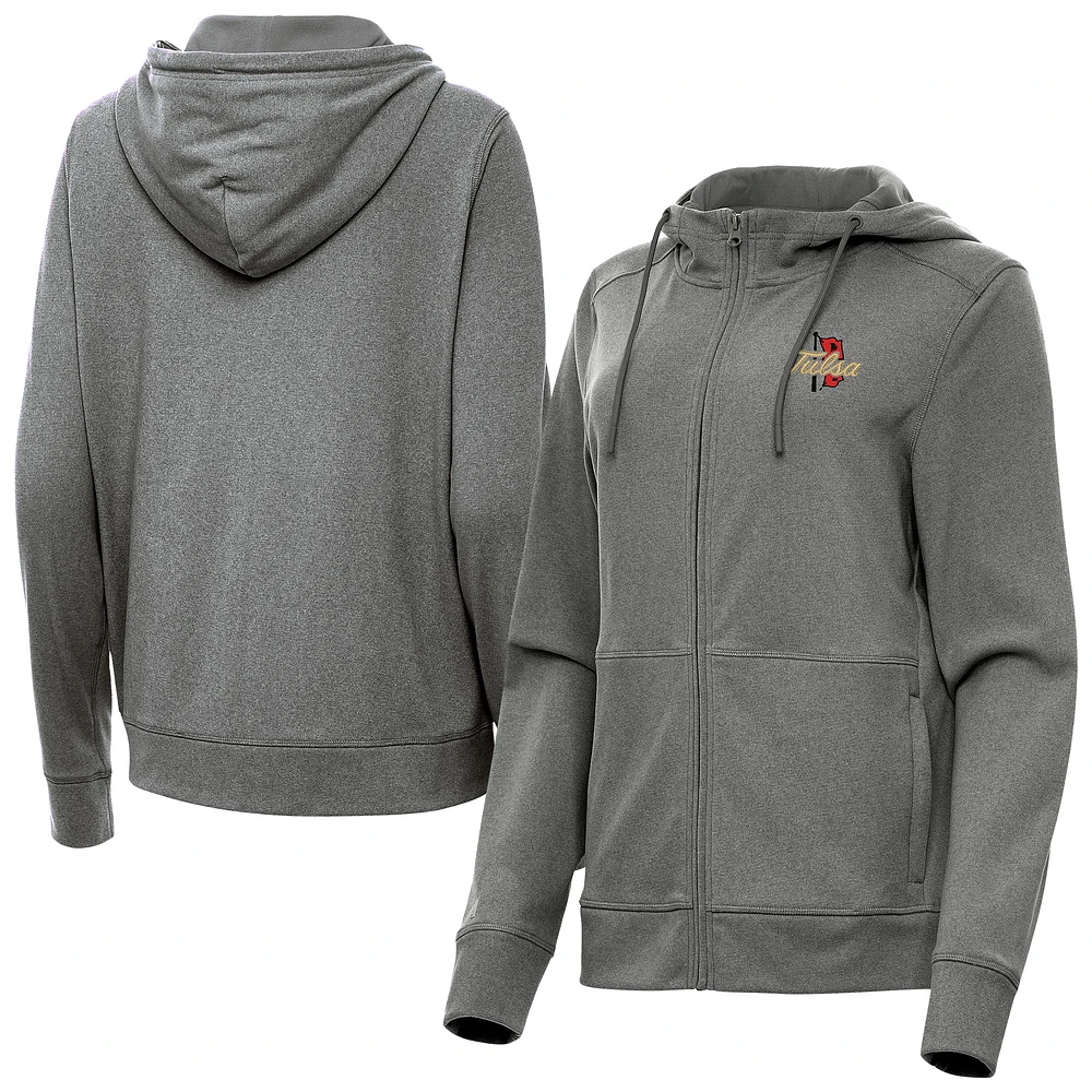 Women's Antigua Heather Black Tulsa Golden Hurricane Seeker Full-Zip Hoodie Jacket