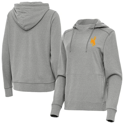 Women's Antigua Heather Gray Wyoming Cowboys Justice Pullover Hoodie