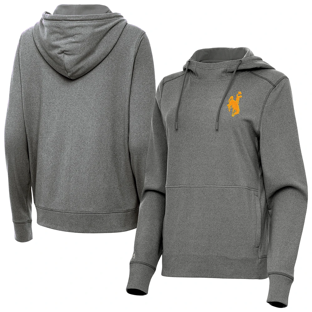 Women's Antigua Charcoal Wyoming Cowboys Justice Pullover Hoodie