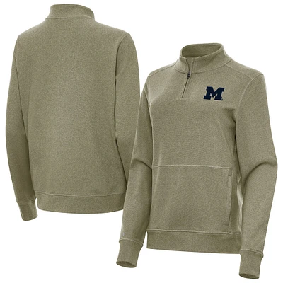 Women's Antigua Heather Olive Michigan Wolverines Crush Quarter-Zip Jacket