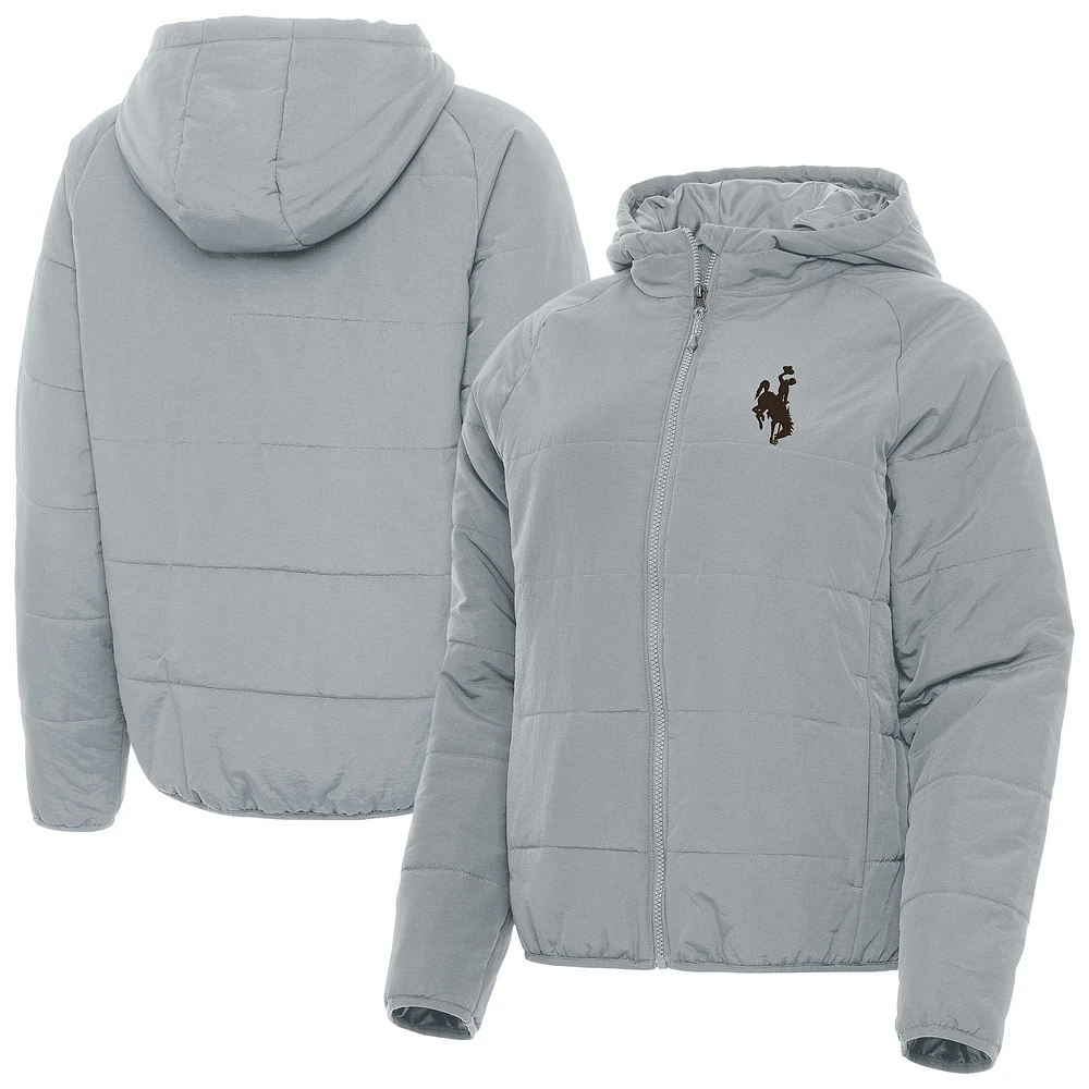 Women's Antigua Gray Wyoming Cowboys Universe Full-Zip Hooded Puffer Jacket
