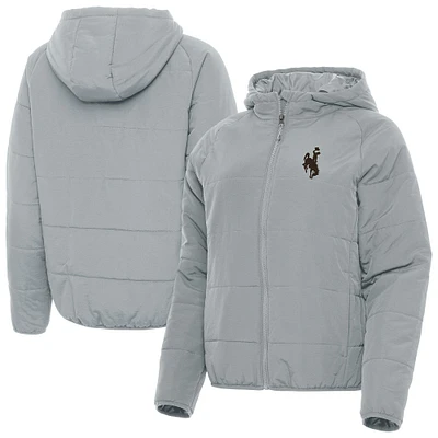 Women's Antigua Gray Wyoming Cowboys Universe Full-Zip Hooded Puffer Jacket