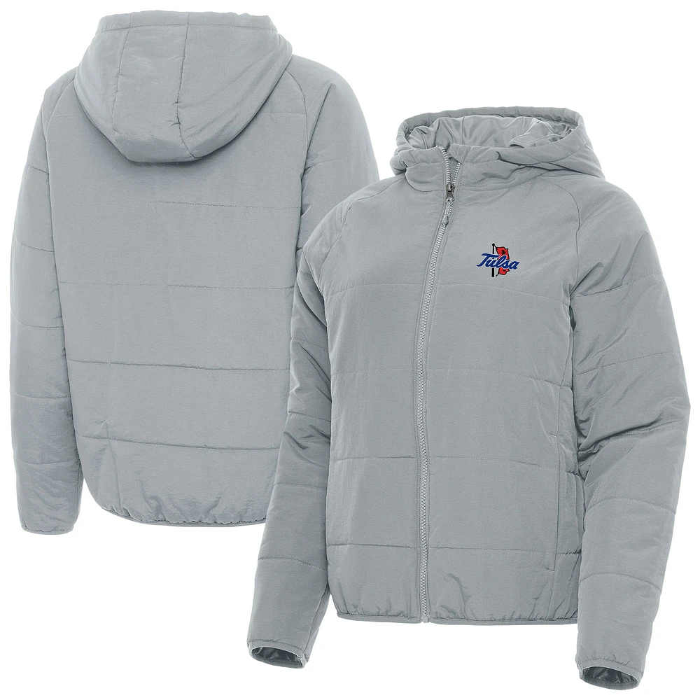 Women's Antigua Gray Tulsa Golden Hurricane Universe Full-Zip Hooded Puffer Jacket