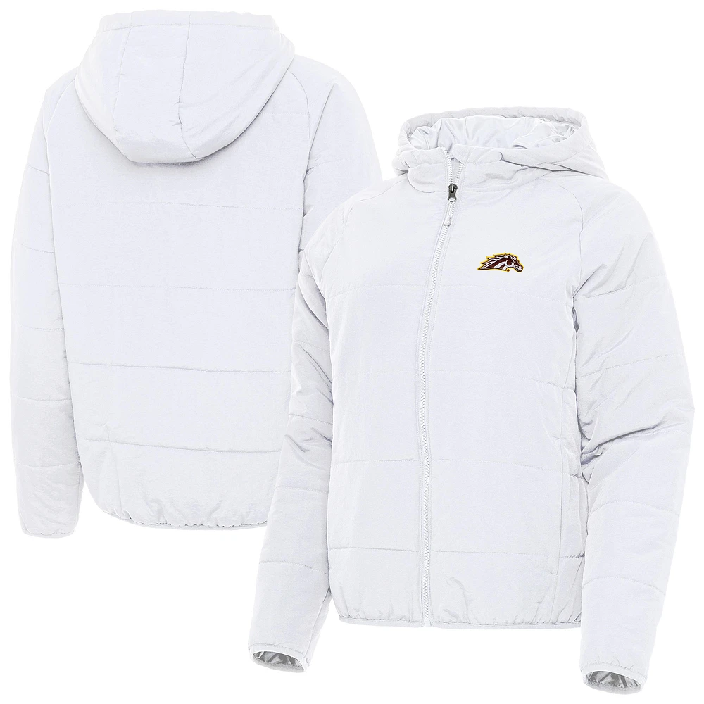 Women's Antigua White Western Michigan Broncos Universe Full-Zip Hooded Puffer Jacket
