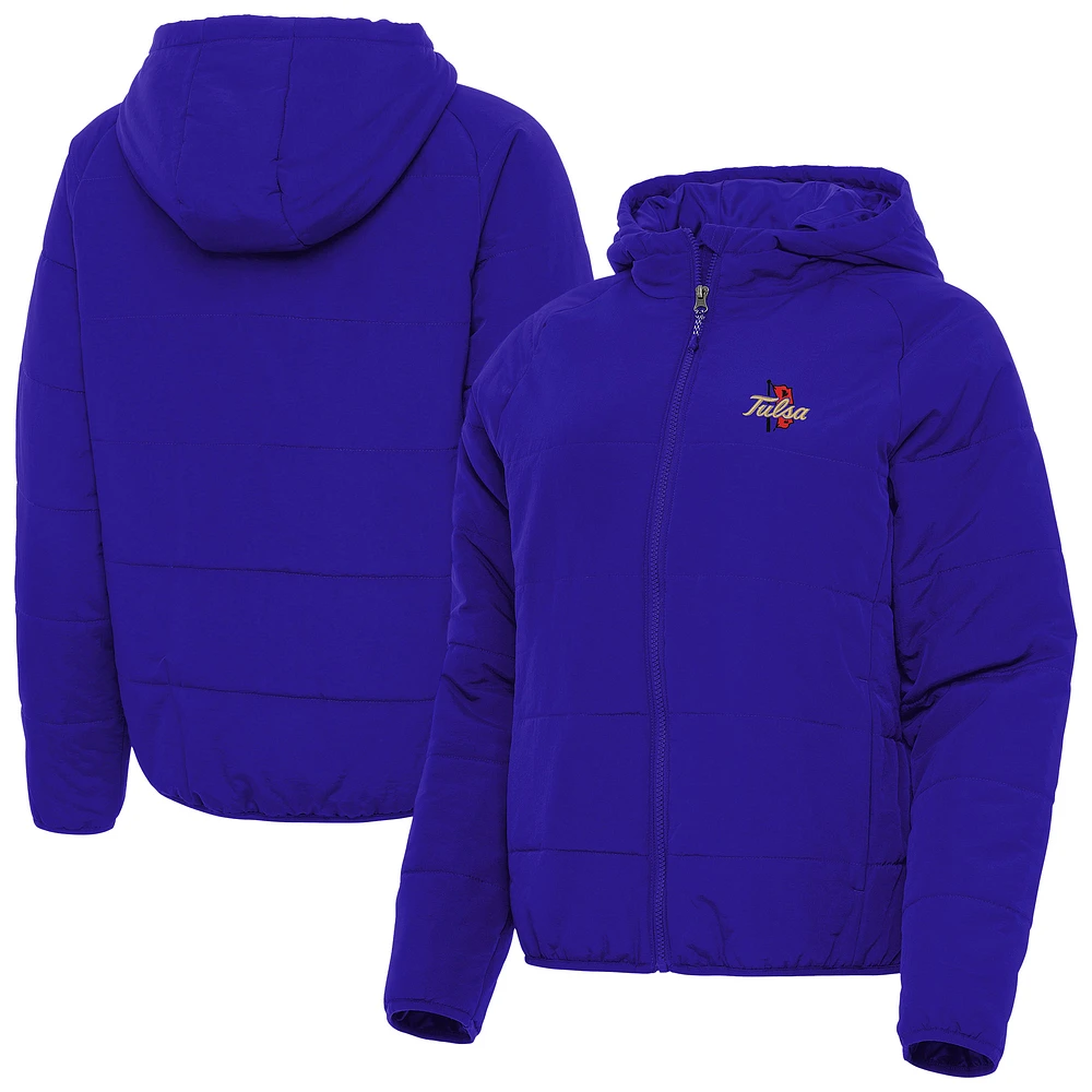Women's Antigua Royal Tulsa Golden Hurricane Universe Full-Zip Hooded Puffer Jacket
