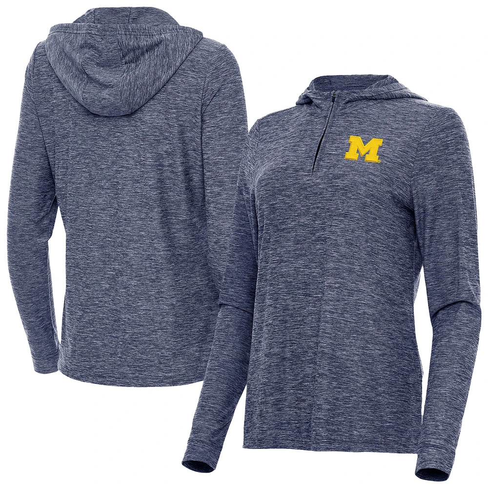Women's Antigua Heather Navy Michigan Wolverines Daybreak Quarter-Zip Hoodie