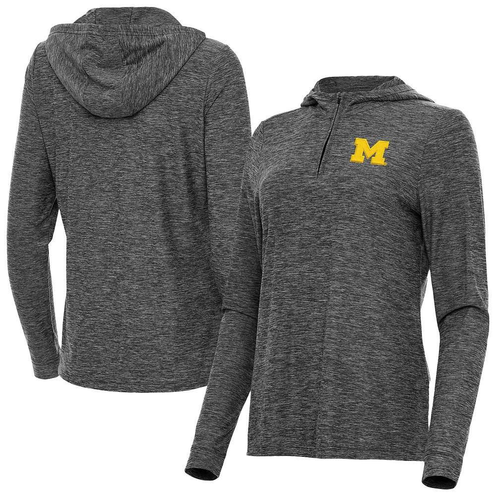 Women's Antigua Heather Black Michigan Wolverines Daybreak Quarter-Zip Hoodie