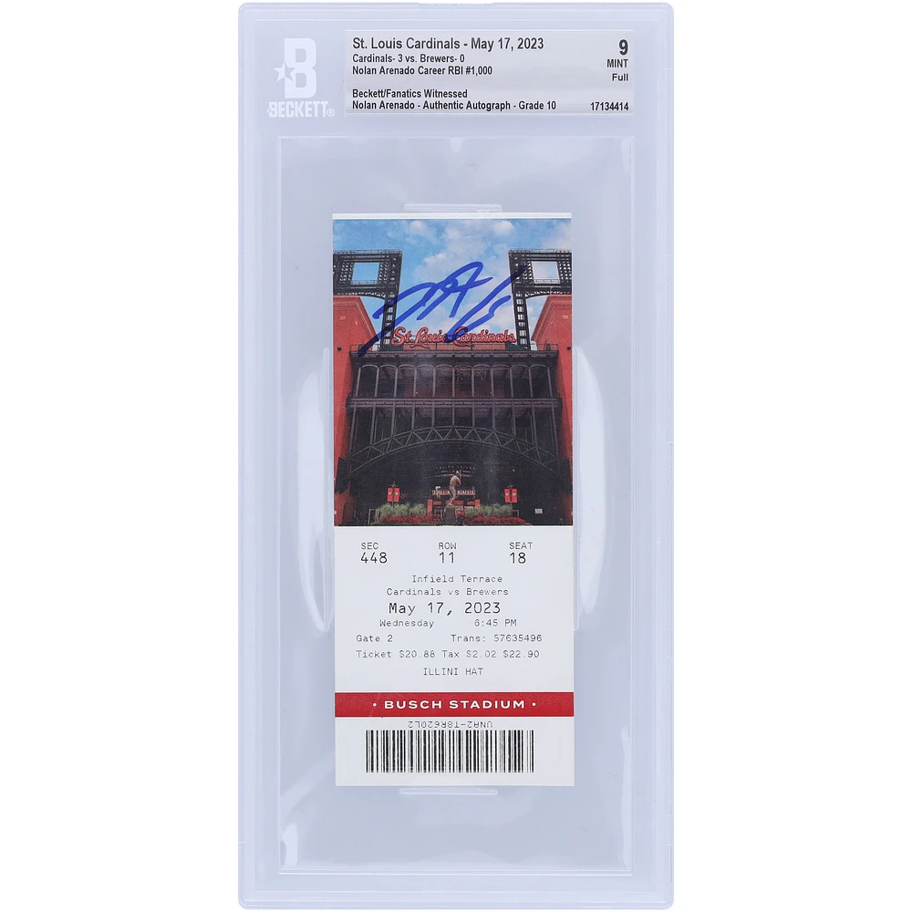 Nolan Arenado St. Louis Cardinals Autographed Beckett Fanatics Witnessed Authenticated 9/10 Ticket from May 17, 2023 - 1,000th Career RBI