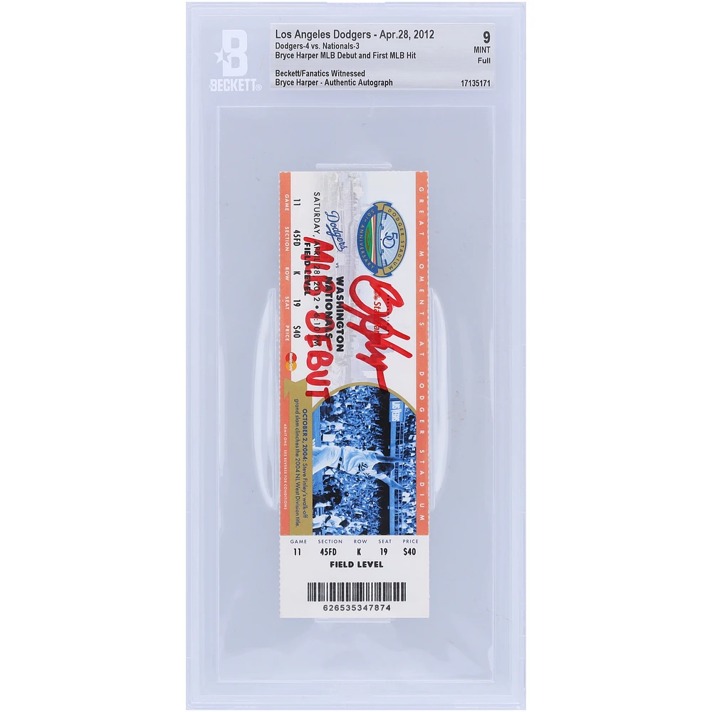 Bryce Harper Washington Nationals Autographed Beckett Fanatics Witnessed Authenticated 9 Ticket from April 28, 2012 with "MLB Debut" Inscription - MLB Debut & 1st MLB Hit