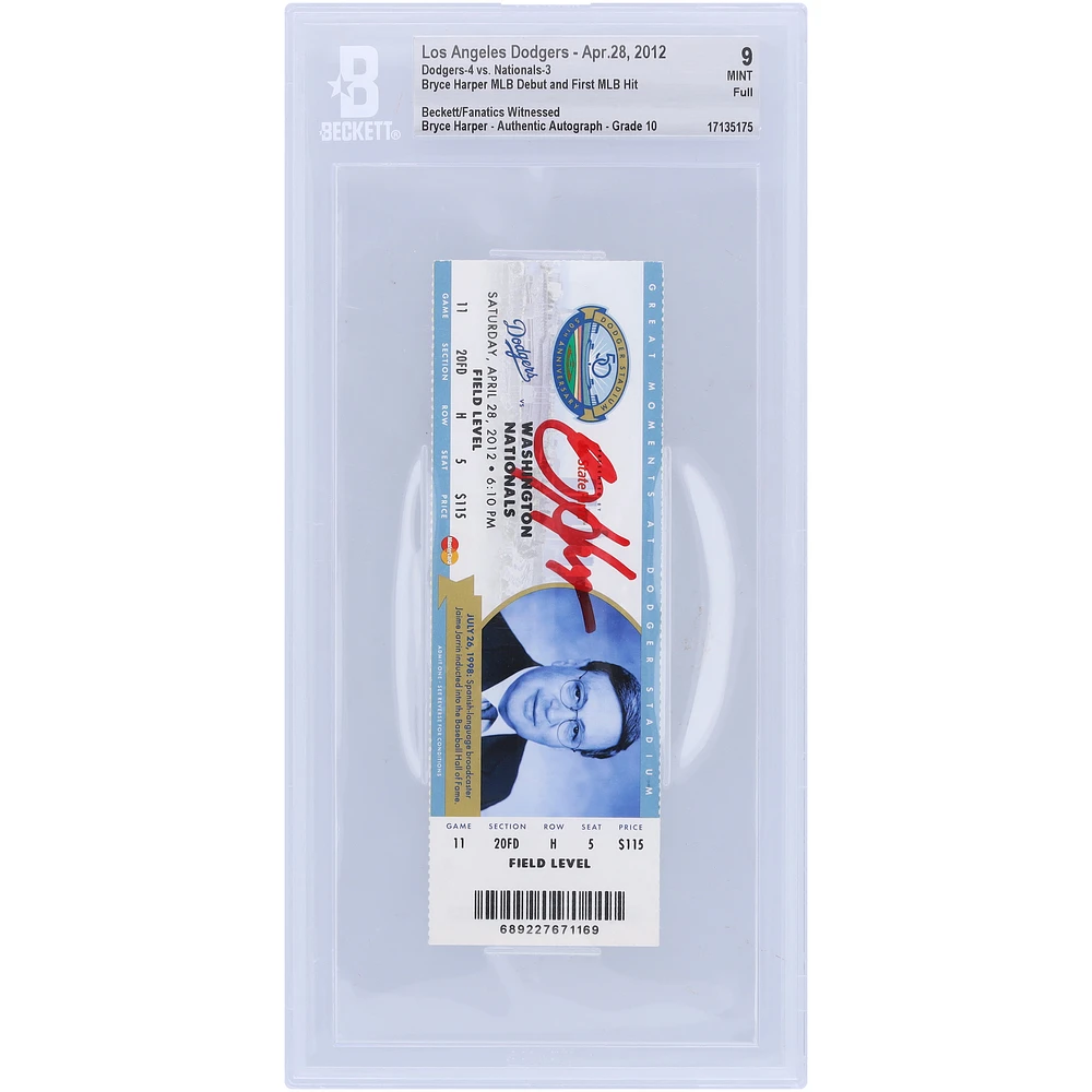 Bryce Harper Washington Nationals Autographed Beckett Fanatics Witnessed Authenticated 9/10 Ticket from April 28, 2012 - MLB Debut & 1st MLB Hit