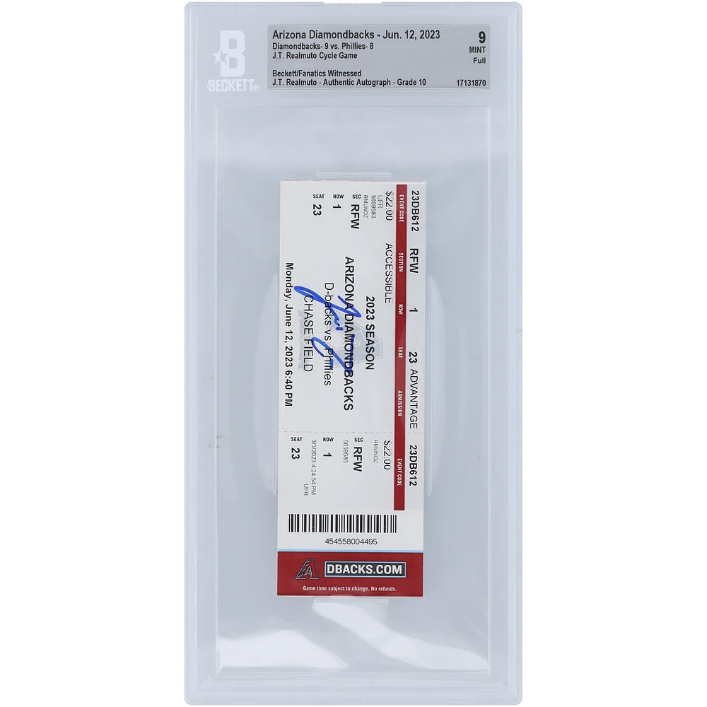 J.T. Realmuto Philadelphia Phillies Autographed Beckett Fanatics Witnessed Authenticated 9/10 Ticket from June 12, 2023 - 1st Career Cycle