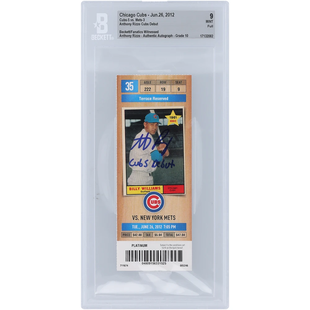 Anthony Rizzo Chicago Cubs Autographed Beckett Fanatics Witnessed Authenticated 9/10 Ticket from June 26, 2012 with "Cubs Debut" Inscription