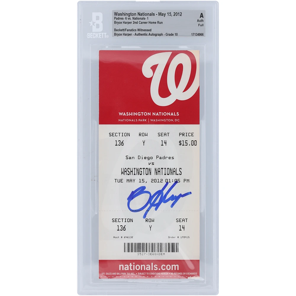 Bryce Harper Washington Nationals Autographed Beckett Fanatics Witnessed Authenticated Auto 10 Ticket from May 15, 2012 - 2nd Career Home Run