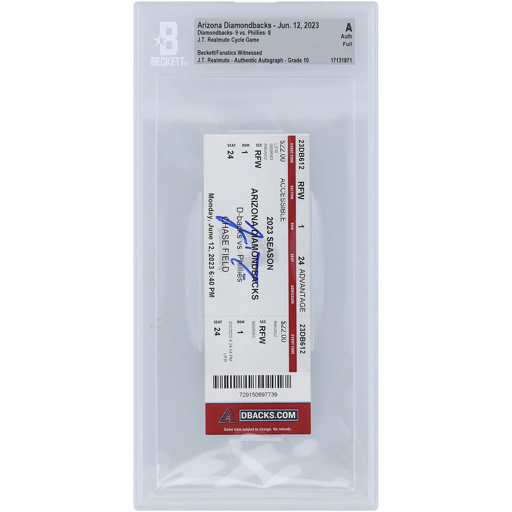 J.T. Realmuto Philadelphia Phillies Autographed Beckett Fanatics Witnessed Authenticated Auto 10 Ticket from June 12, 2023 - 1st Career Cycle