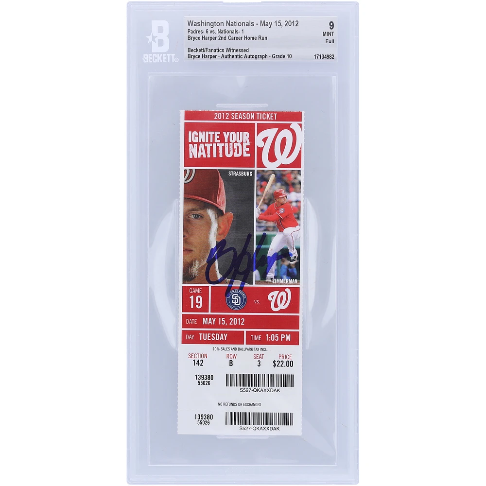 Bryce Harper Washington Nationals Autographed Beckett Fanatics Witnessed Authenticated 9/10 Ticket from May 15, 2012 - 2nd Career Home Run