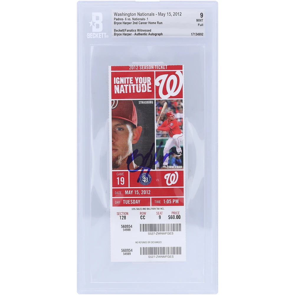 Bryce Harper Washington Nationals Autographed Beckett Fanatics Witnessed Authenticated 9 Ticket from May 15, 2012 - 2nd Career Home Run