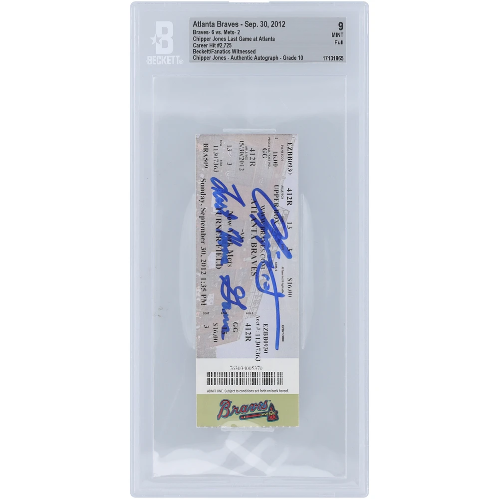 Chipper Jones Atlanta Braves Autographed Beckett Fanatics Witnessed Authenticated 9/10 Ticket from September 30, 2012 with "Last Home Game" Inscription - 2,725th Career Hit