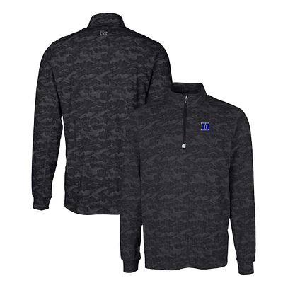 Men's Cutter & Buck Black Duke Blue Devils Traverse Stretch Eco Camo Print DryTec Quarter-Zip Top
